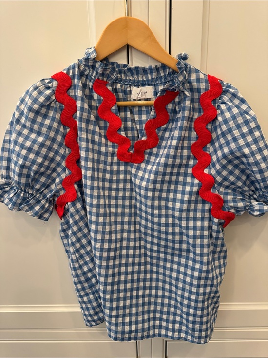 ANNIEWEAR Tops - Blue Gingham Puff-Sleeve Blouse with Red Rickrack Trim